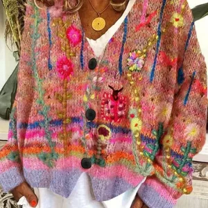 Casual Floral Pattern Three Button Knit Sweater Cardigan