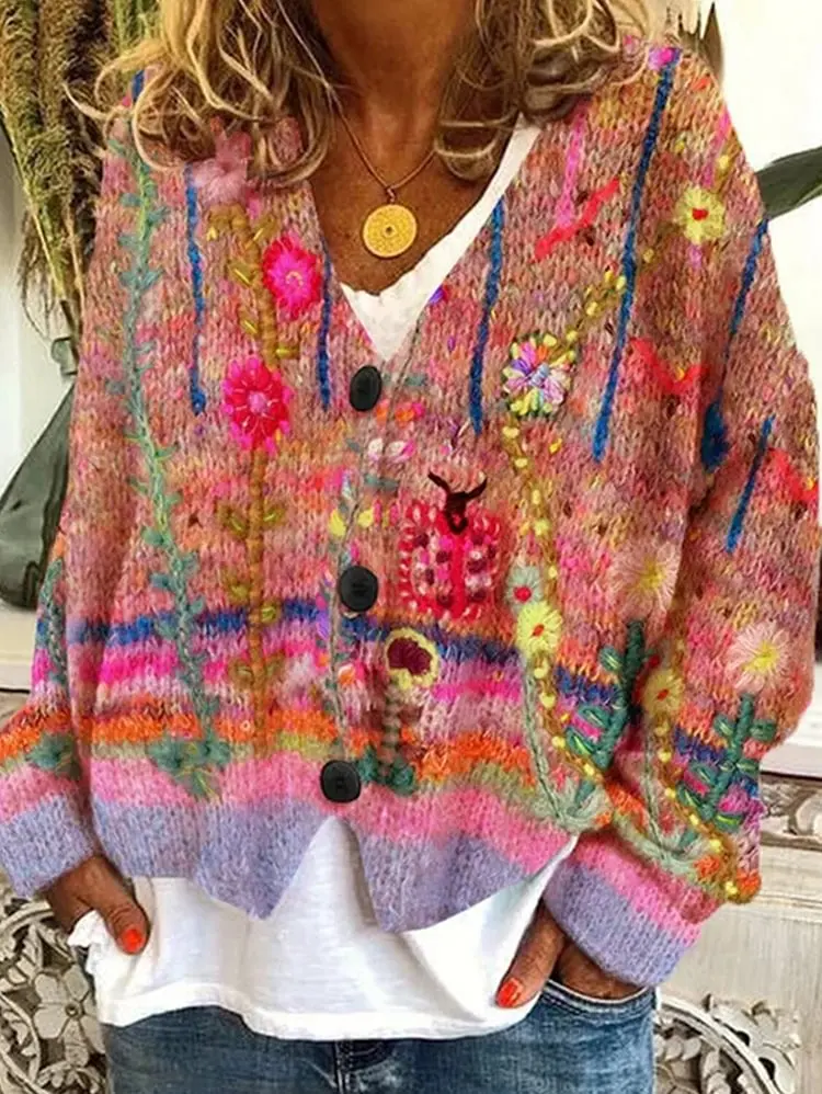 b38a79d72b644f77fe951ade87936b10 Casual Floral Pattern Three Button Knit Sweater Cardigan
